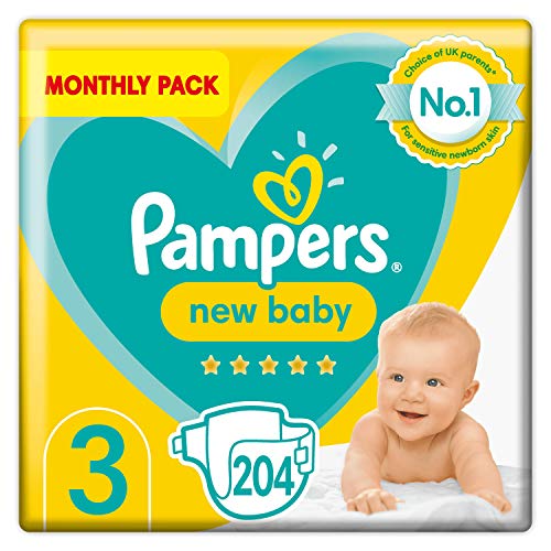 Pampers Pañales para bebé tamaño 3, 204 unidades, protección para piel sensible del recién nacido (6-10 kg)
