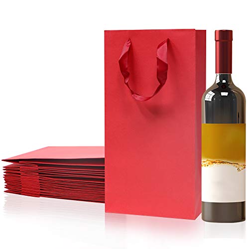 Paquete de 12 bolsas de transporte para botellas de vino, 2 botellas, papel blanco y vino tinto bolsas de transporte con asas (rojo)
