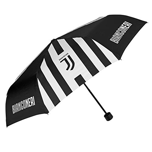 Paraguas Juventus Hombre Mujer Niño - Paraguas Plegable Negro con Nuevo Logo Oficial - Paraguas Mini Juve Antivineto - Blanco y Negro - Manual - PFC Free - Diametro 98 cm
