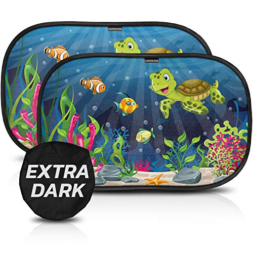 Parasol coche con protección UV certificada extra oscura - autoadhesivo, para proteger del sol a bebés y mascotas, 2 parasoles para bebé con diseño de tortuga M/L de 51x31 cm