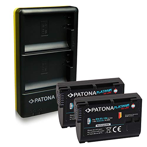 PATONA Cargador Doble + 2X Platinum Batteria EN-EL15b Compatible con Nikon 1 V1, Z6, Z7, D7000, D7100, D7200, D7500