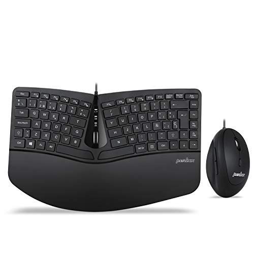 Perixx Periduo-406, Set de Teclado Mini Ergonómico y Ratón Vertical con Cable, con Reposa Muñeca Ajustable y Teclas de Low Profile, QWERTY Español