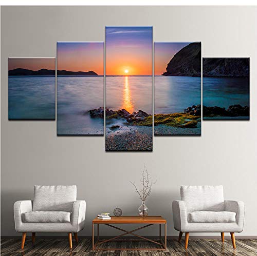 Pintura de lienzo de 5 piezas de panel Pintura Paisaje marino mar océano con amanecer 5 Piezas Arte de pared Fondos de pantalla modulares Impresión de póster Decoración para el hogar Decorativo