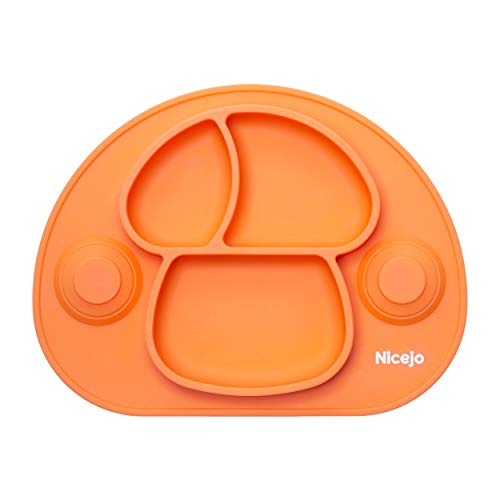 Plato Bebé Con Ventosa - Vajilla de Silicona Alimentaria - Mantel Antideslizante Para Trona - 3 Compartimentos Papilla – Niños 6-18 Meses – Apto Para Lavavajillas Y Microondas (Naranja)