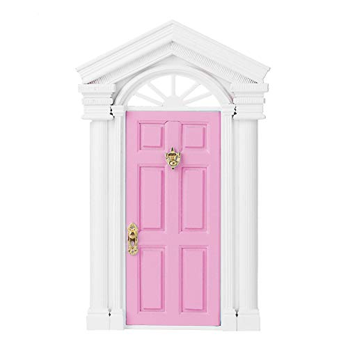 Puerta de muñeca, 1:12 muebles de casa de muñecas en miniatura puerta de abedul de madera con accesorios excelente modelo de muebles para muñecas(rosado)