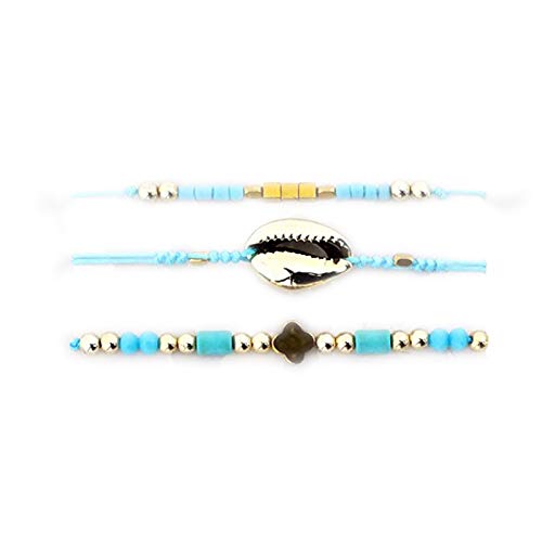 Pulsera mujer Brazalete cordón cuentas brillantes Piedras preciosas Bisutería dorada Joya Concha - Conjunto 3 piezas - Azul