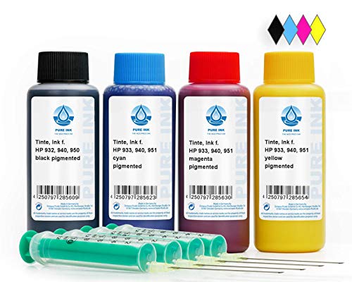 PureInk 4X 100 ml CMYK Tinta de Recarga de Tinta para Impresora Compatible con Cartucho HP 932, 933, 940, 950, 951 Juego de Recarga con Accesorios e Instrucciones de Recarga