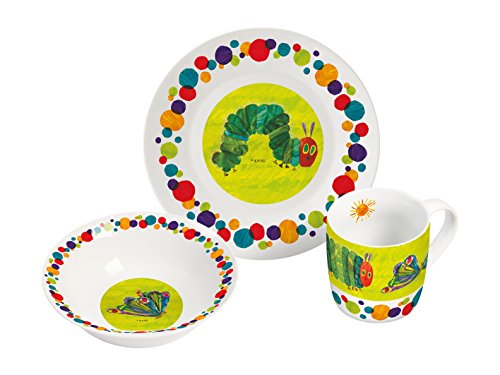 Raupe Nimmersatt - Juego de desayuno (3 piezas, porcelana, 22,5 x 9,5 x 19,5 cm, 3 unidades), multicolor