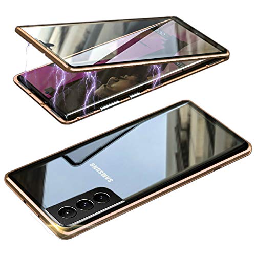 RAYOO Funda para Samsung Galaxy S21, Adsorción Magnética Marco de Metal Protección Completa 360 grados Delantera Trasera Vidrio Templado Transparente Carcasa De Una Pieza Completa Carcasa Oro