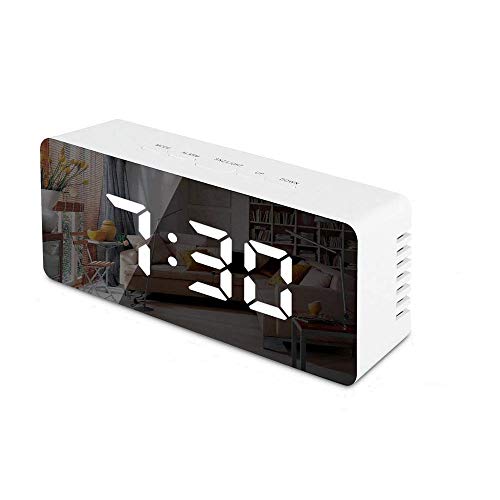 Reloj Despertador con Espejo Digital con Pantalla LED de Temperatura, Tiempo de repetición, Brillo Ajustable, USB y Funciona con Pilas para Dormitorio/Cocina/Oficina, Blanco