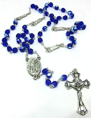 ROS01 - Rosario azul con 50 cuentas + 9 con cruz con figura y medalla de la santa Virgen de Lourdes con agua.