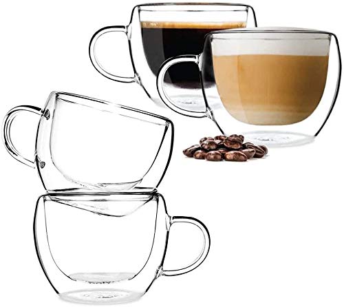 RTWAY Juego de 4 tazas de café con aislamiento de doble pared (6 onzas, 150 ml) tazas de té con asa, tazas de café transparentes, tazas de latte, tazas de té, taza de café con leche
