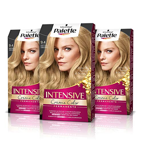 Schwarzkopf Palette Intensive Creme Color – Tono 9.4 cabello Rubio Arena (Pack de 3) - Coloración Permanente de Cuidado con Aceite de Marula, cobertura de canas, Color duradero hasta 8 semanas