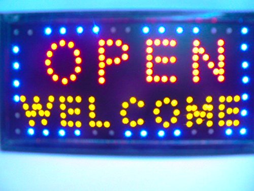 Señal luminosa LED, con mensaje "Open - Welcome", para vitrina de tienda