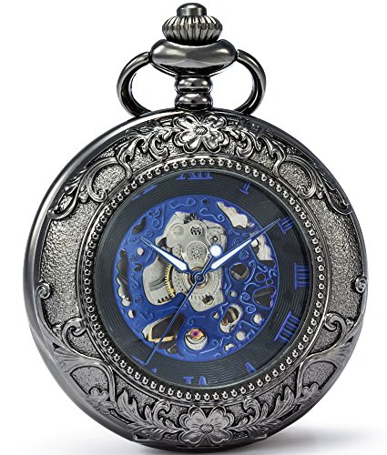 SEWOR Vintage Lupa Esqueleto Reloj de Bolsillo mecánico Mano Viento Reloj de Bolsillo Incluyen Caja de Cuero Marca (Negro & Azul)