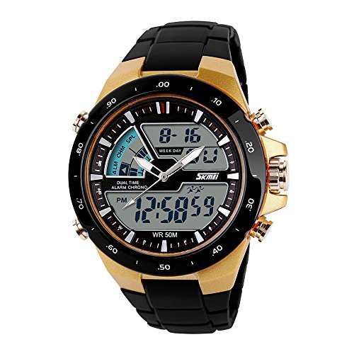 SKMEI - hombre reloj deportivo digital con LED luz de fondo grande cara resistente al agua militar relojes casuales luminoso cronómetro alarma reloj simple militar – dorado