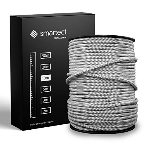 smartect Cable para lámparas de tela en color Gris Blanco - Cable textil trenzado de 10 Metro - 3 hilos (3 x 0,75 mm²) - Cable de luz con revestimiento textil