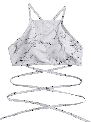 SOLY HUX Parte superior de bikini para mujer, parte superior de bikini, parte superior de baño con estampado de mármol. Blanco L