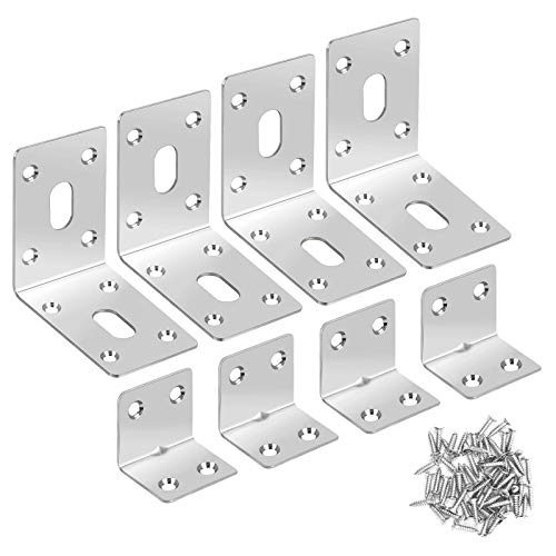 Soporte de esquina 8 piezas de acero inoxidable en ángulo recto, soporte de esquina en forma de L de 90 grados en ángulo recto con 48 tornillos para fijación de muebles (tamaño grande y pequeño) Soporte de esquina 8 piezas de acero inoxidable en ángulo recto, soporte de esquina en forma de L de 90 grados en ángulo recto con 48 tornillos para fijación de muebles (tamaño grande y pequeño)