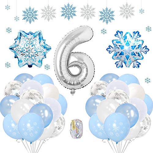 SPECOOL Frozen 6 Años Globos Decoración Cumpleaños Niña, Globo Fiesta de Globos Blancos Azules Confeti de Copos de Nieve para Fiesta de Cumpleaños Aniversario Graduación Centro Decoración de Fondo
