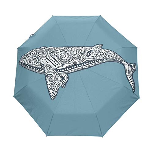 SUHETI Paraguas automático de Apertura/Cierre,Pez Ballena étnico con símbolo de tótem y Kitsch Antiguo patrón de Paisley,Paraguas pequeño Plegable a Prueba de Viento