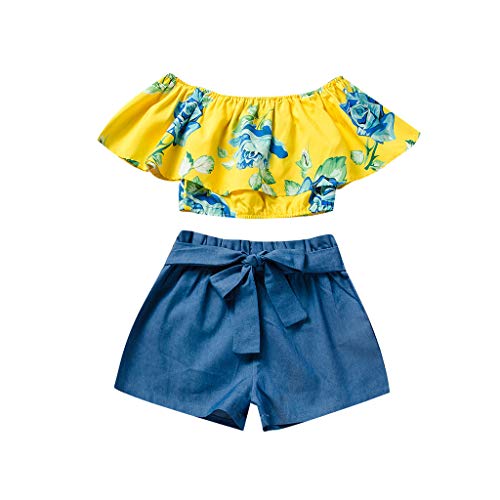 sunnymi - Conjunto de ropa para bebé, niña, 2 – 7 años, niña, verano, volantes, manga corta, estampado de flores, top + Solid Pants Outfits amarillo 2-3 Años