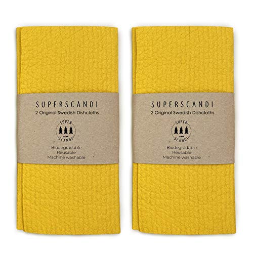 SUPERSCANDI (paquete artesanal, 2 paquetes de 2 unidades, amarillo mostaza) Swedish Dishcloths reutilizables biodegradables esponja de celulosa paños de limpieza
