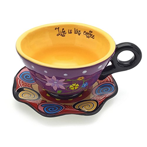 Taza de té con platillo con diseño de flores, 2 piezas, porcelana, pintada a mano, idea de regalo multicolor, lila y amarillo
