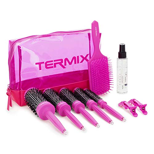 Termix Pack Brushing en 3 Pasos. Incluye 5 Cepillos De Pelo Termix, Sérum Para Las Puntas Abiertas, Cepillo de Pelo Paddle para Desenredar y 2 Pinzas De Pelo. Color Rosa Flúor.