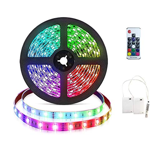 Tira de luces LED RGB de 3m con pilas Tira de luces LED RGB flexible Luces de cuerda a prueba de agua con caja de alimentación de batería y control remoto RF de 17 teclas