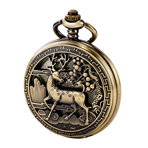 TREEWETO Reloj de bolsillo vintage mecánico doble cubierta hueca caso esqueleto Steampunk ciervo caso hombres mujeres bronce