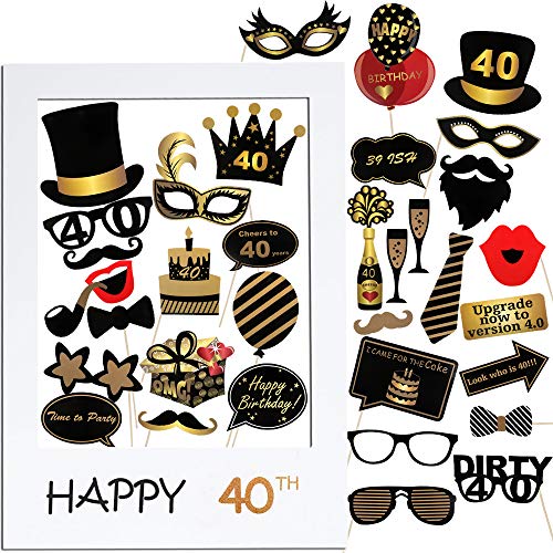 VINFUTUR 40th Cumpleaños Photo Booth Props, 35pcs Photobooth Cumpleaños Accesorios Fotocall para Cabina de Foto Props Fiesta Kit+Marco Photocall para Cumpleaños Decoración DIY