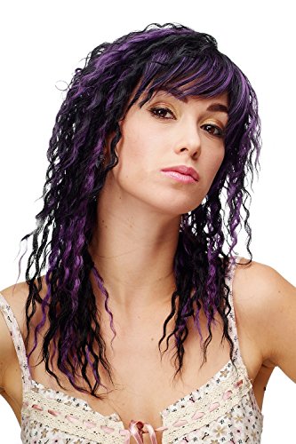 WIG ME UP- Peluca para mujeres larga rizos crespos estilo mojado wetlook Caribe pelo negro con mechones lilas 81119-1-DF115