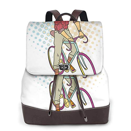 Women's Leather Backpack,Hipster Goat On Bicycle Fashion Model Horns Hooves Teenager Boy Colorful Artwork,School Travel Girls Ladies Rucksack