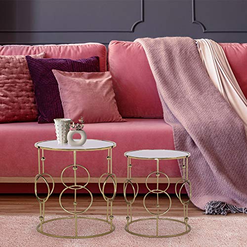 WOMO-DESIGN Juego de 2X Mesas Auxiliares Ø40/45 cm Oro con Tapa de Cristal y Marco de Metal Tablero Redondo Decorativa Mesita de Centro Salón Elegante Robusta para Tomar Café y Té para Salón WOMO-DESIGN Juego de 2X Mesas Auxiliares Ø40/45 cm Oro con Tapa de Cristal y Marco de Metal Tablero Redondo Decorativa Mesita de Centro Salón Elegante Robusta para Tomar Café y Té para Salón