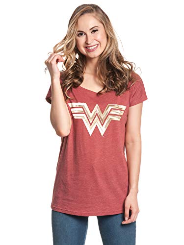 Wonder Woman Golden Symbol Mujer Camiseta Rojo Jaspeado XXL, 60% algodón, 40% poliéster, Ancho