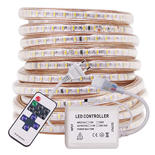 XUNATA 25m Tira LED Regulable con Control Remoto, Impermeable 220V Strip Lihgts para Escalera Techo Habitacion Cocina, Flexible Luces Decoración- Blanco Cálido