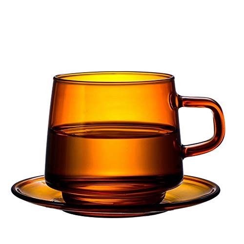 YY Juego de tazas de té y platillos de cristal de 350 ml, taza de café de cristal ámbar y salsa a juego, tazas de té de borosilicato resistentes hechas a mano