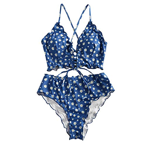 ZAFUL - Bikini de dos piezas para mujer, acolchado, con diseño de hojas y cordones Flores azules. L