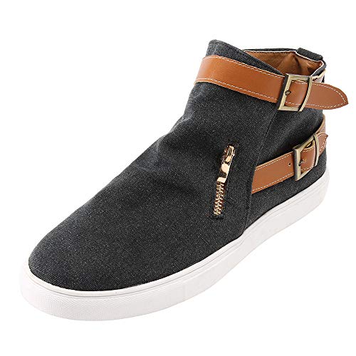 Zapatos de Lona para Mujer Retro Punta Redonda Zapatos Cómodos con Suela con Cremallera Casuales Canvas Cordones Baja Alta Puntera Mocasines Comodas Negro Rio