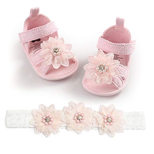 Zapatos de Princesa Bebe Niñas + Diadema de Flores Set, Bebe Recién Nacido Niñas Zapatos De Cuna Suave Suela Zapatillas De Deporte Prewalker Antideslizante Primeros Pasos Zapatos de Bautizo