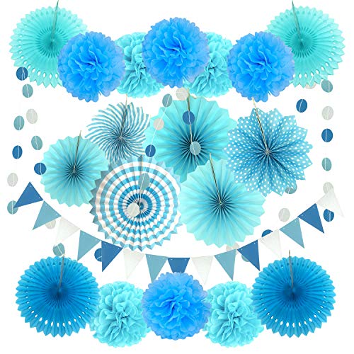 Zerodeco Decoración de la Fiesta, 21 Piezas Abanicos de Papel Bola de Nido Pom Poms Ventilador Cumpleaños Boda Carnaval Bebé Ducha Home Party Supplies Decoración (Azul)