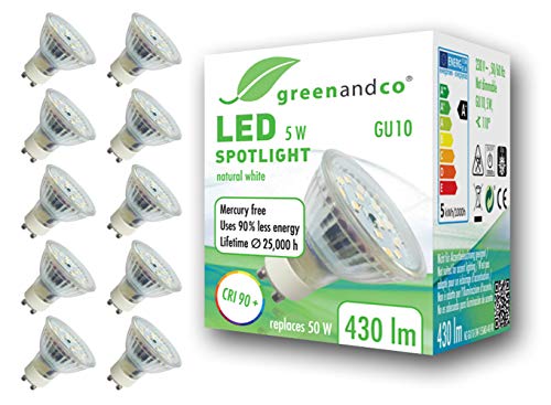10x Spot LED greenandco® IRC90+ GU10 4000K 110° 5W (corresponde a 50W) 430lm SMD LED 230V AC, sin parpadeo, no regulable