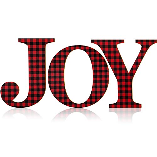 3 Piezas Carteles Letras de Navidad de Joy Letras de Cuadros de Búfalo 12 Pulgadas Cartel Grande de Madera de Joy Adornos Letras Madera Rústica para Puerta Principal (Rojo y Negro)