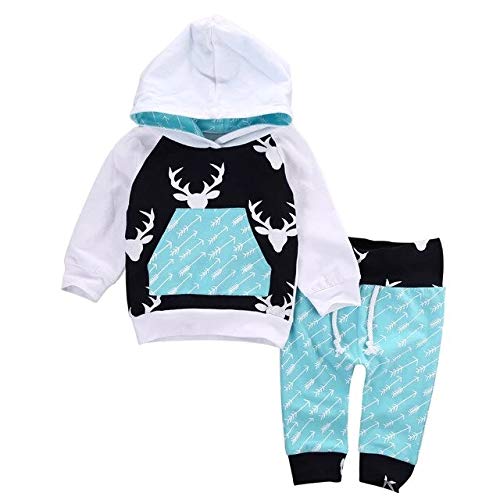 6m Blue Newborn Toddler Kids Clothes Long Sleeve Deer Print Hooded Tops Arrow Pants Trouser 2pcs Outfit Baby Boy Girl Clothing Set 0-5y