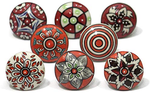 8 pomos de cerámica pintados a mano para cajón de gabinete, estilo vintage, diseño de flores, pomos de cerámica para puerta de armario (color rojo)