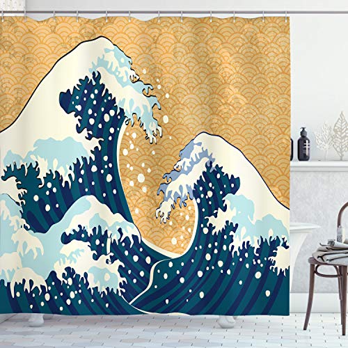 ABAKUHAUS Ola Japonesa Cortina de Baño, Espumosa tormenta del mar, Material Resistente al Agua Durable Estampa Digital, 175 x 180 cm, Tierra Amarillo Azul Oscuro