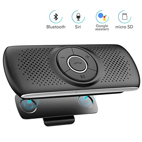 AGPTEK Manos Libres para Coche Bluetooth 4.2 con Siri, Google Asistente, Kit de Coche Altavoz Inalámbrico con Ranura de Tarjeta TF, Soporta Conexión de 2 Teléfonos Simultáneamente, Negro