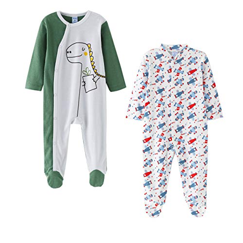 Amomí Pijama algodón Bebé Niño Pelele para Dormir y Jugar, 100% Algodón Pack de 2 Pcs (12 Meses, 62-63)