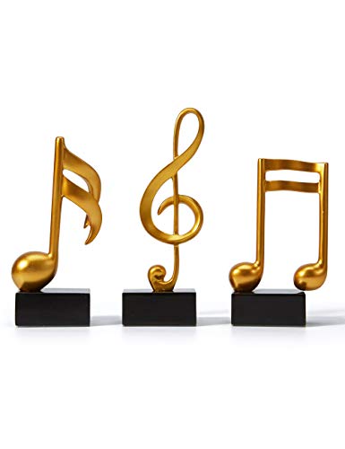 Amoy-Art 3 Piezas Figurillas Decorativas Música Estatuilla Nota Musical Regalos de Piano para el Hogar Souvenirs Giftbox Resina Oro 19cmH
